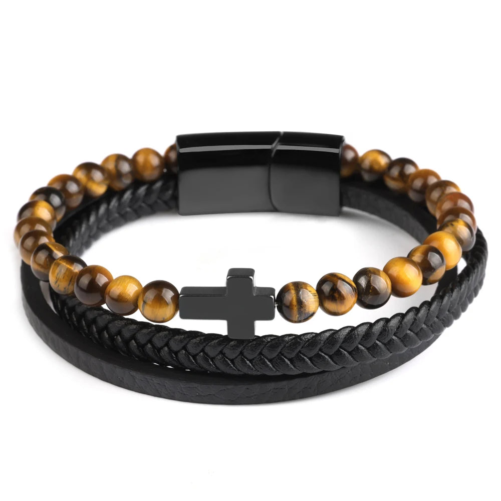 Natural Stone Beads Cross Bracelet On Hand Genuine Leather Braided Stainless Steel Magnetic Clasp Bangles For Men Jewelry Gift - Image 11