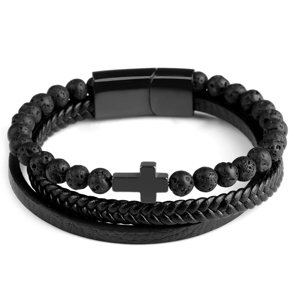 Natural Stone Beads Cross Bracelet On Hand Genuine Leather Braided Stainless Steel Magnetic Clasp Bangles For Men Jewelry Gift - Image 9