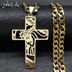 Crown of Thorns Jesus Cross Necklace – Gold-Plated Hip Hop Punk Crucifix Pendant for Men