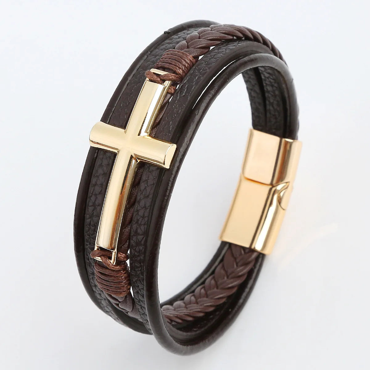 Black Cross Decorative Punk Leather Bracelet – Multilayer Braided Magnetic Clasp for Men - Image 7