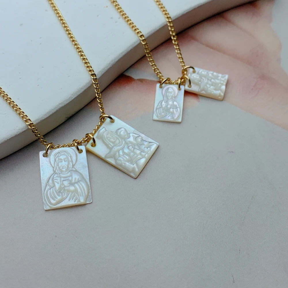 Jesus & Virgin Mary Scapular Necklace – Stainless Steel Mother of Pearl Pendant for Women - Image 5