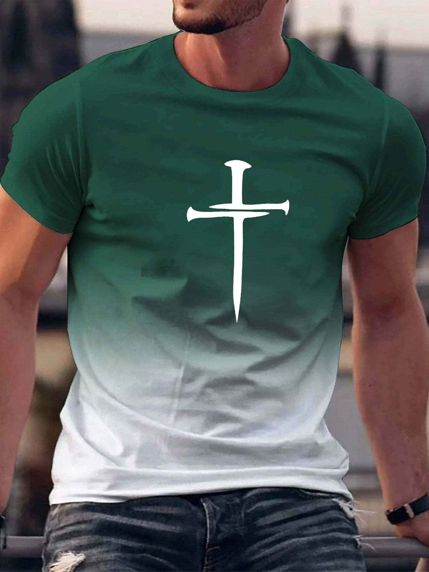 Gradient Christian Cross 3D Print T-Shirt – Men's Fashion Sport & Casual Tee - Image 3
