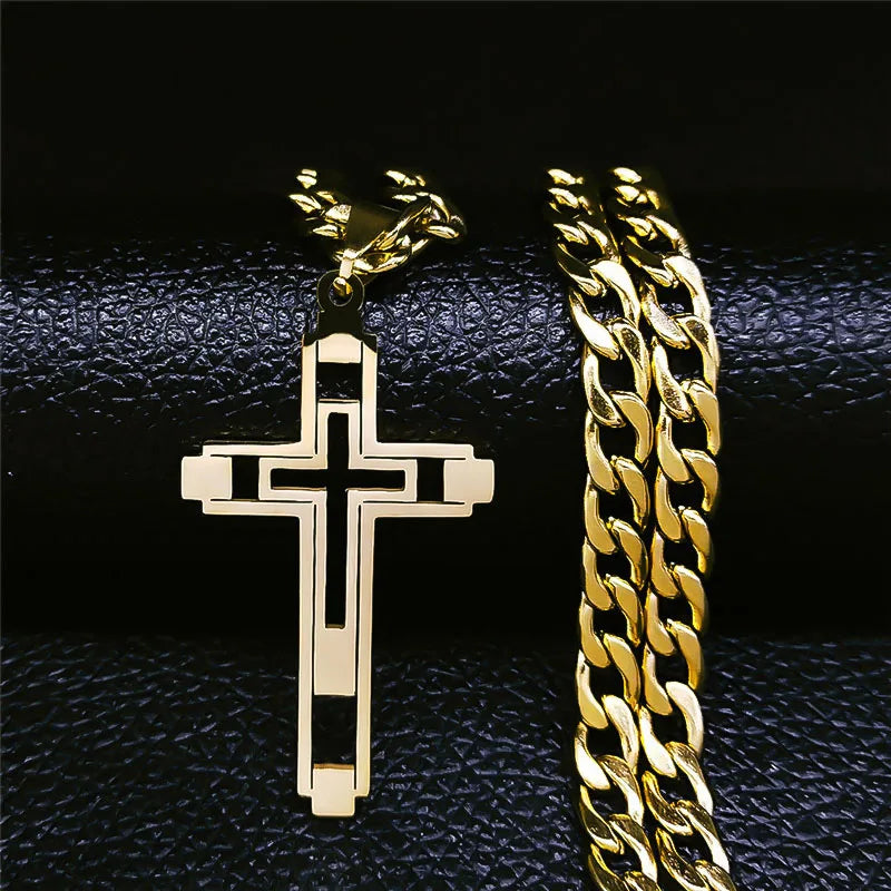 2024 Hip Hop Cross Stainless Steel Chain Necklaces Gold Color Long Pendant Necklace for Women/Men Jewelry collier homme N6055S05 - Image 2