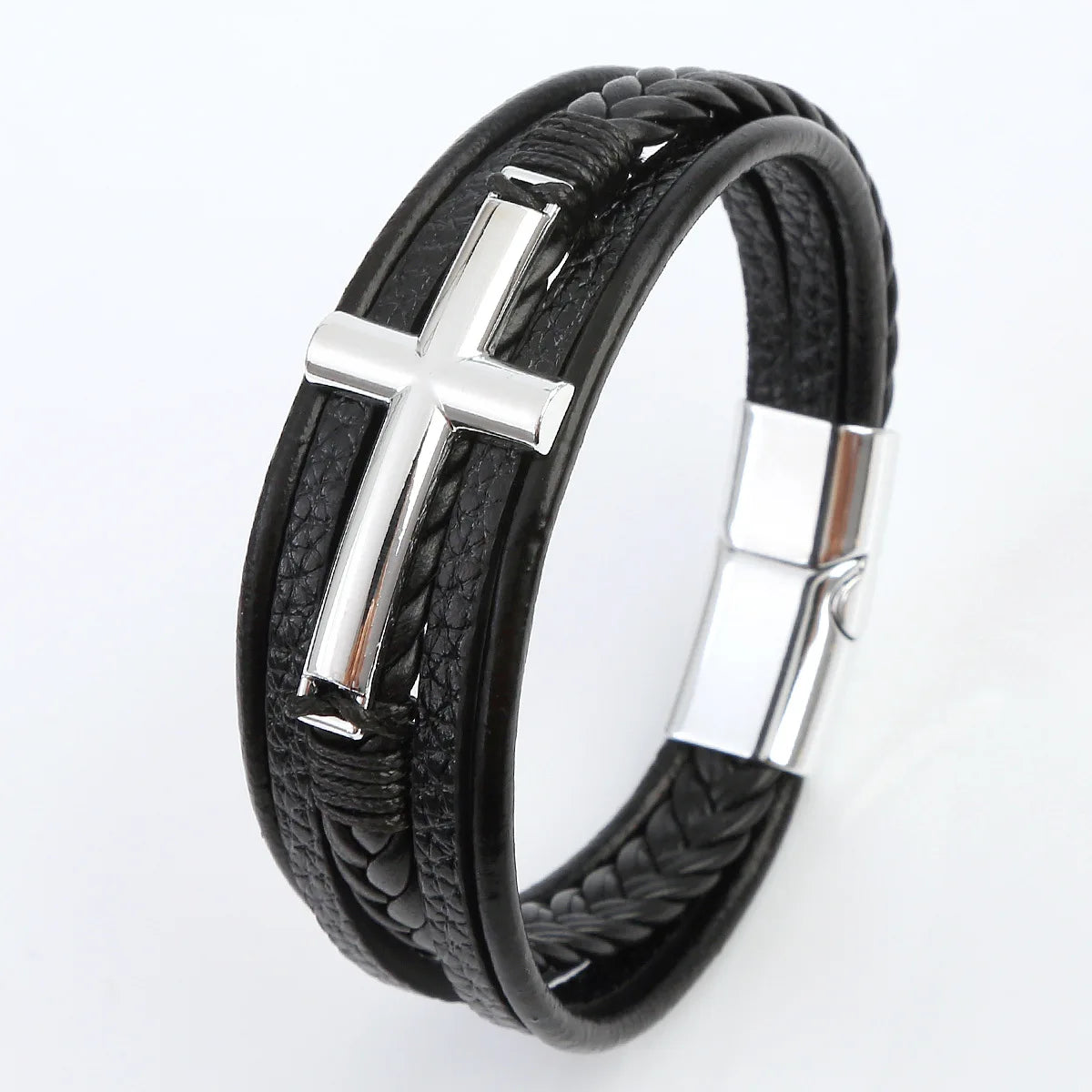 Black Cross Decorative Punk Leather Bracelet – Multilayer Braided Magnetic Clasp for Men - Image 9
