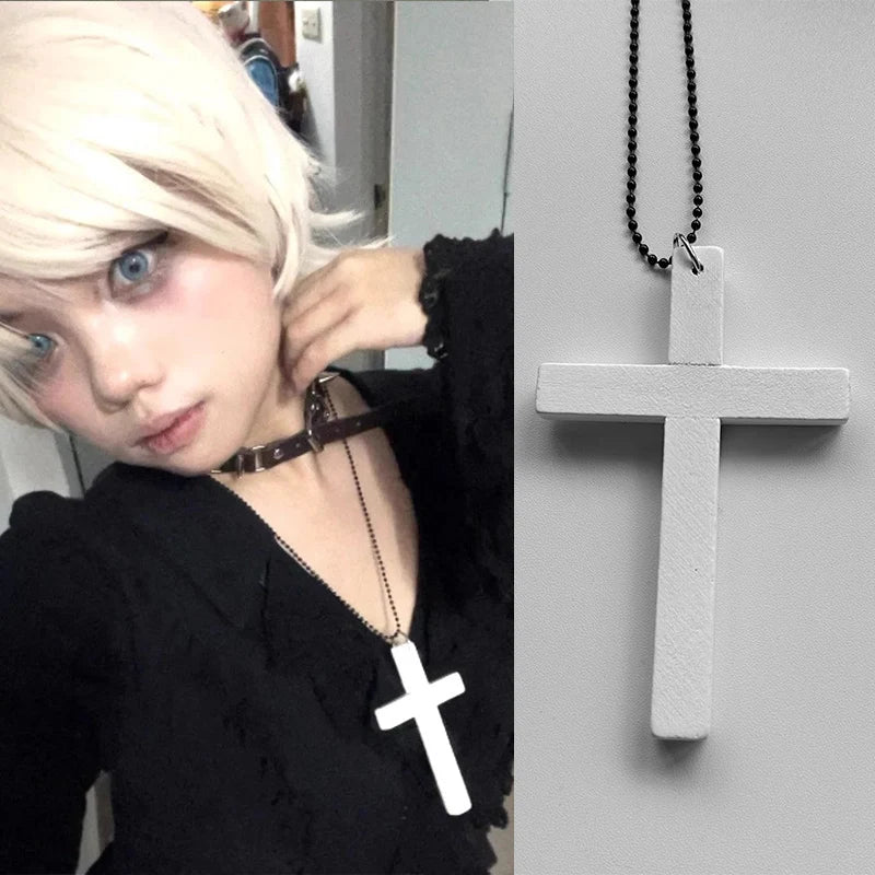 New Gothic Cool Y2K Wood Cross Pendants Necklaces Unisex Black White Red Hip Hop Charm Chain Choker Necklace Fashion Jewelry - Image 3