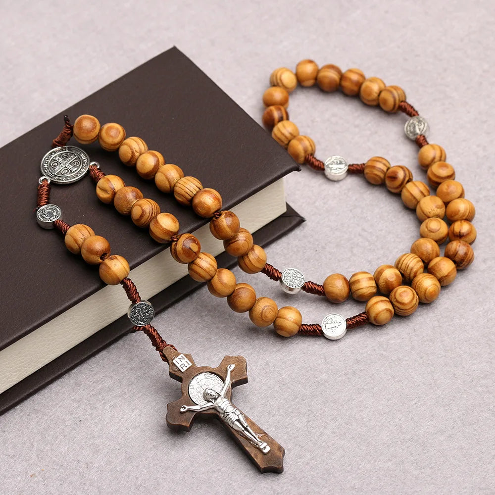 10MM Wood Beads Rosary Cross Necklace - Image 4