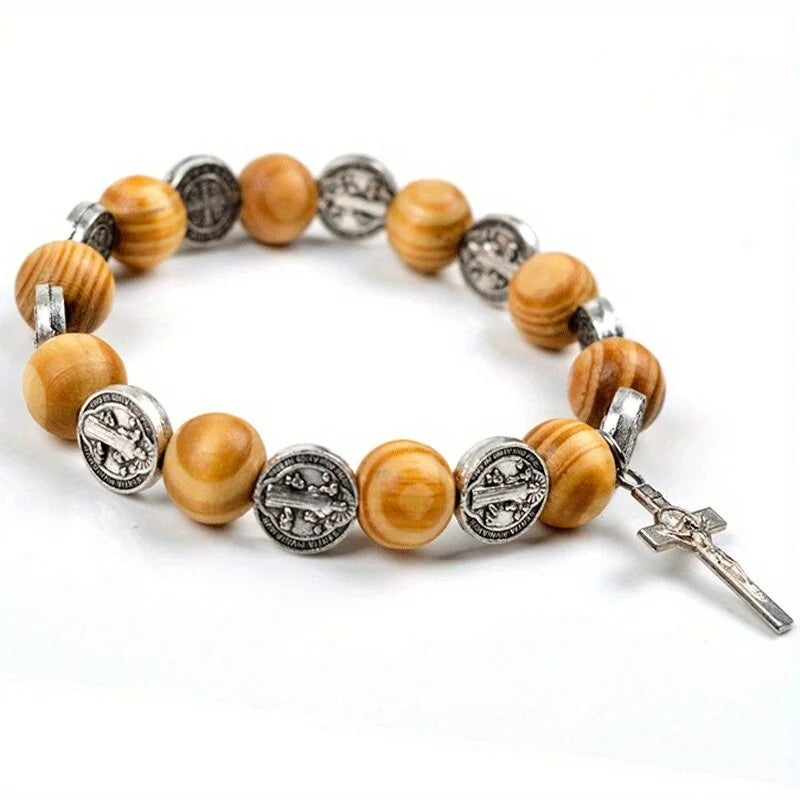 Natural Solid Wood Rosary Bracelet – Elastic Religious Pulsera R-372 for Men & Women - Image 2