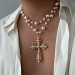IngeSight.Z Elegant Pearl Cross Choker Necklace – Goth‑Chic 2‑in‑1 Statement Piece