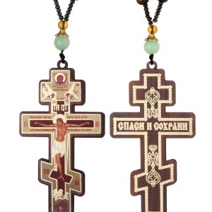 Diyalo Orthodox Crucifix Necklace – Jesus Christ Cross Icon Pendant with Wooden Beads