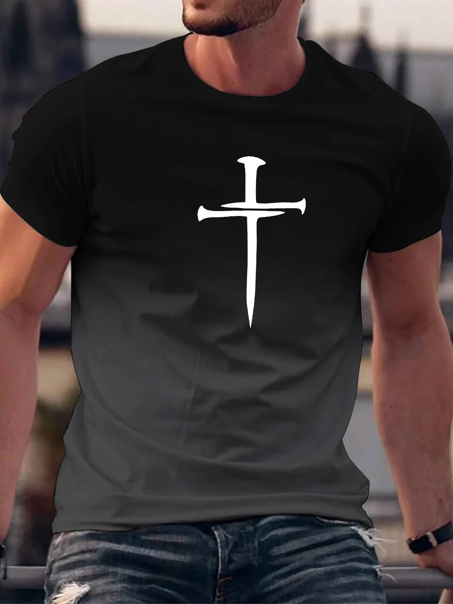 Gradient Christian Cross 3D Print T-Shirt – Men's Fashion Sport & Casual Tee - Image 2