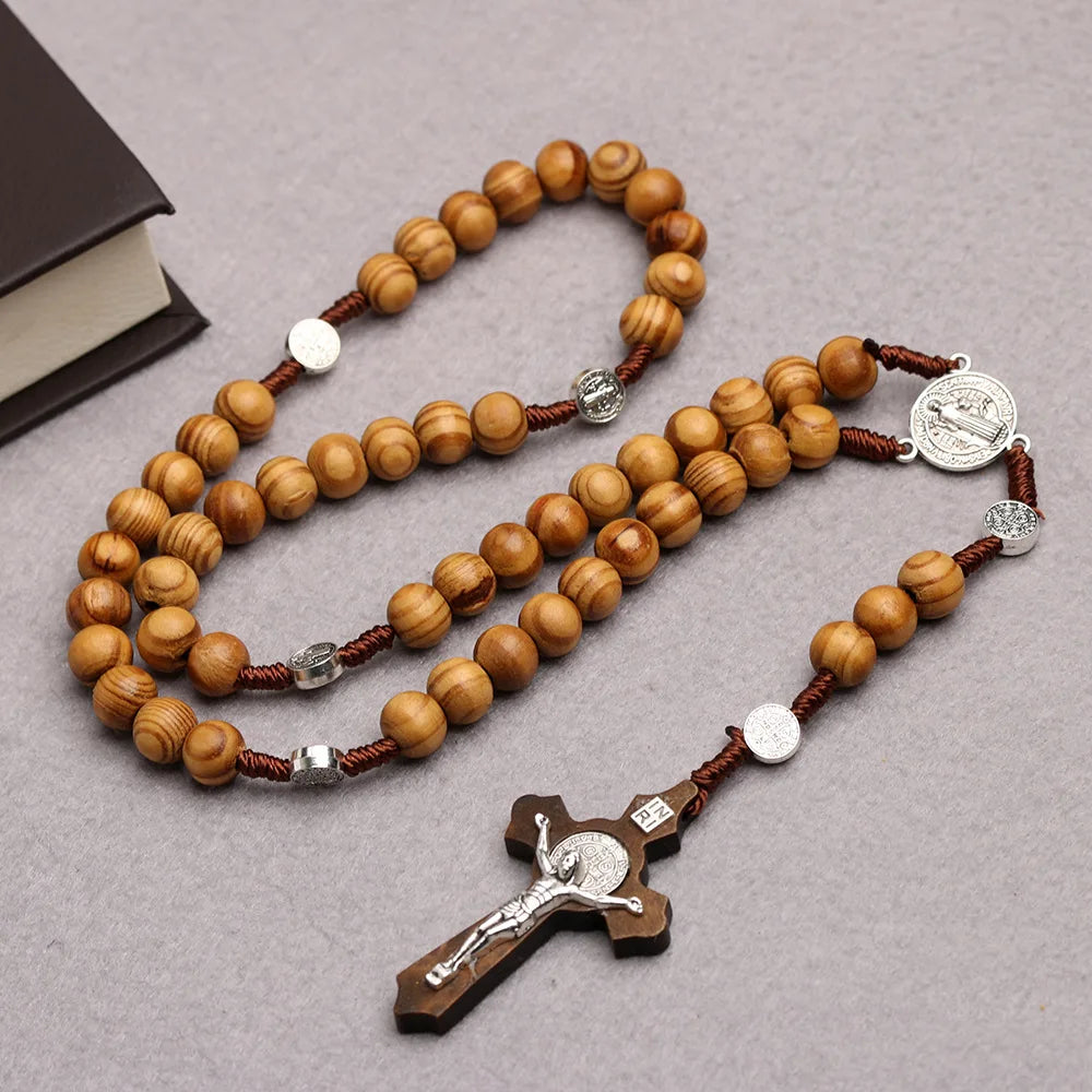 10MM Wood Beads Rosary Cross Necklace - Image 3
