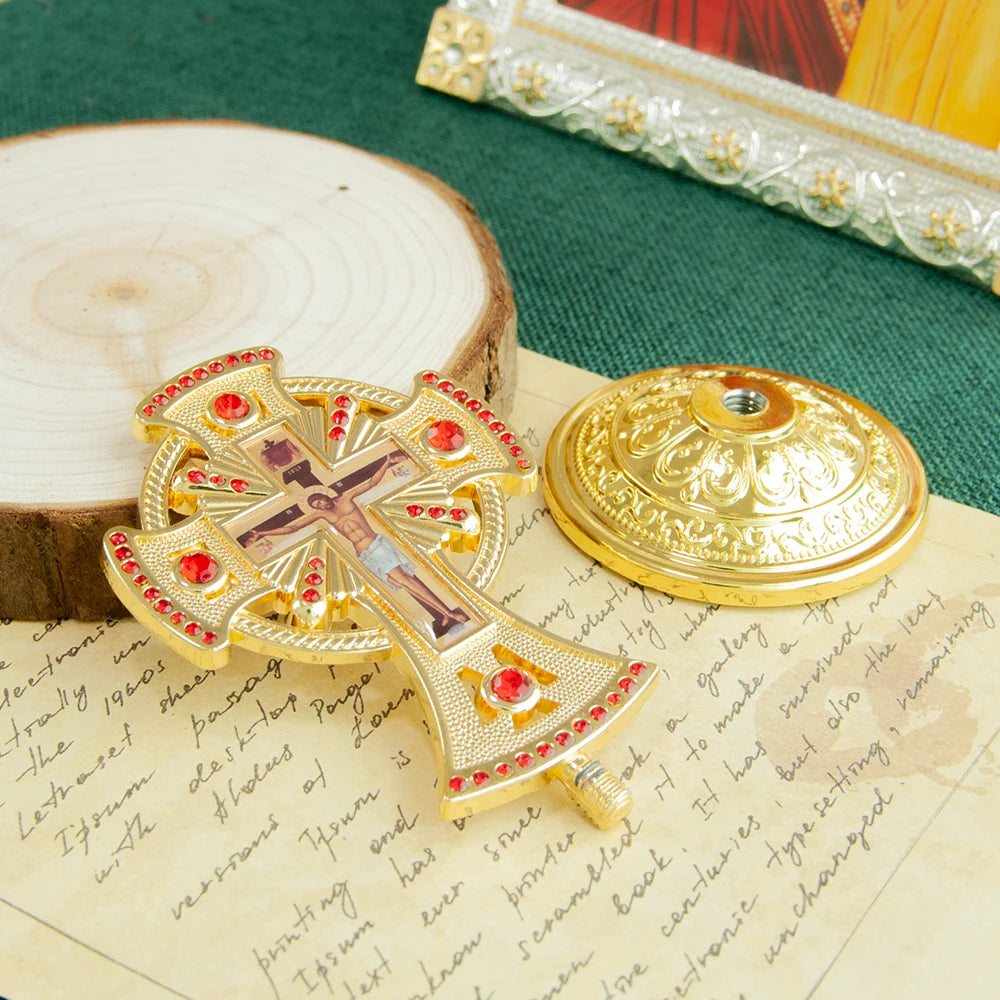 HT Religious Orthodox Crucifix Cross – Jesus Icon Metal Statue with Red Gemstones for Church, Home, or Car Decor - Image 3