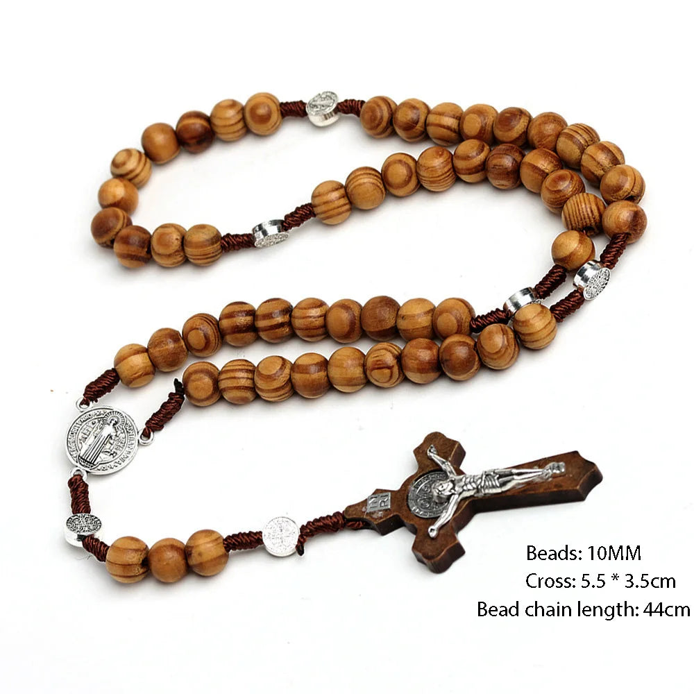 10MM Wooden Beads Rosary Cross Necklace – Christian Virgin Mary & INRI Pendant - Image 2
