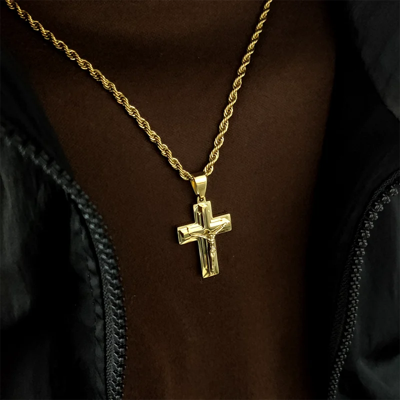 New Design 18K Gold-Plated Jesus Cross Pendant – Waterproof Stainless Steel Religious Charm for Men - Image 6
