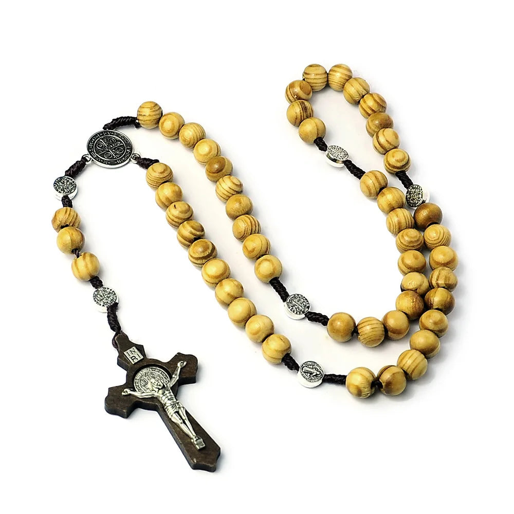 10MM Wood Beads Rosary Cross Necklace - Image 5
