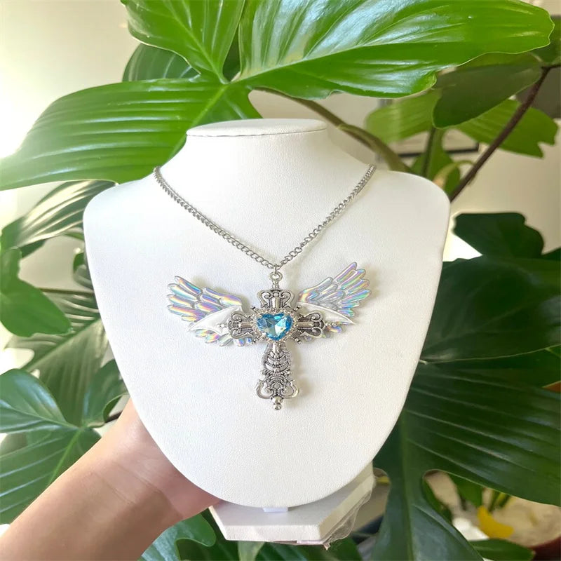 Gothic Wings Cross Pendant Necklace – Y2K Heart Crystal Choker Punk Charm for Women - Image 5