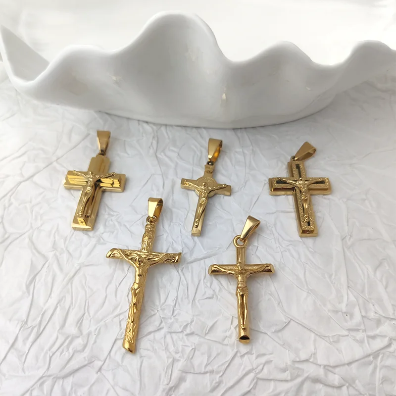 New Design 18K Gold-Plated Jesus Cross Pendant – Waterproof Stainless Steel Religious Charm for Men - Image 2