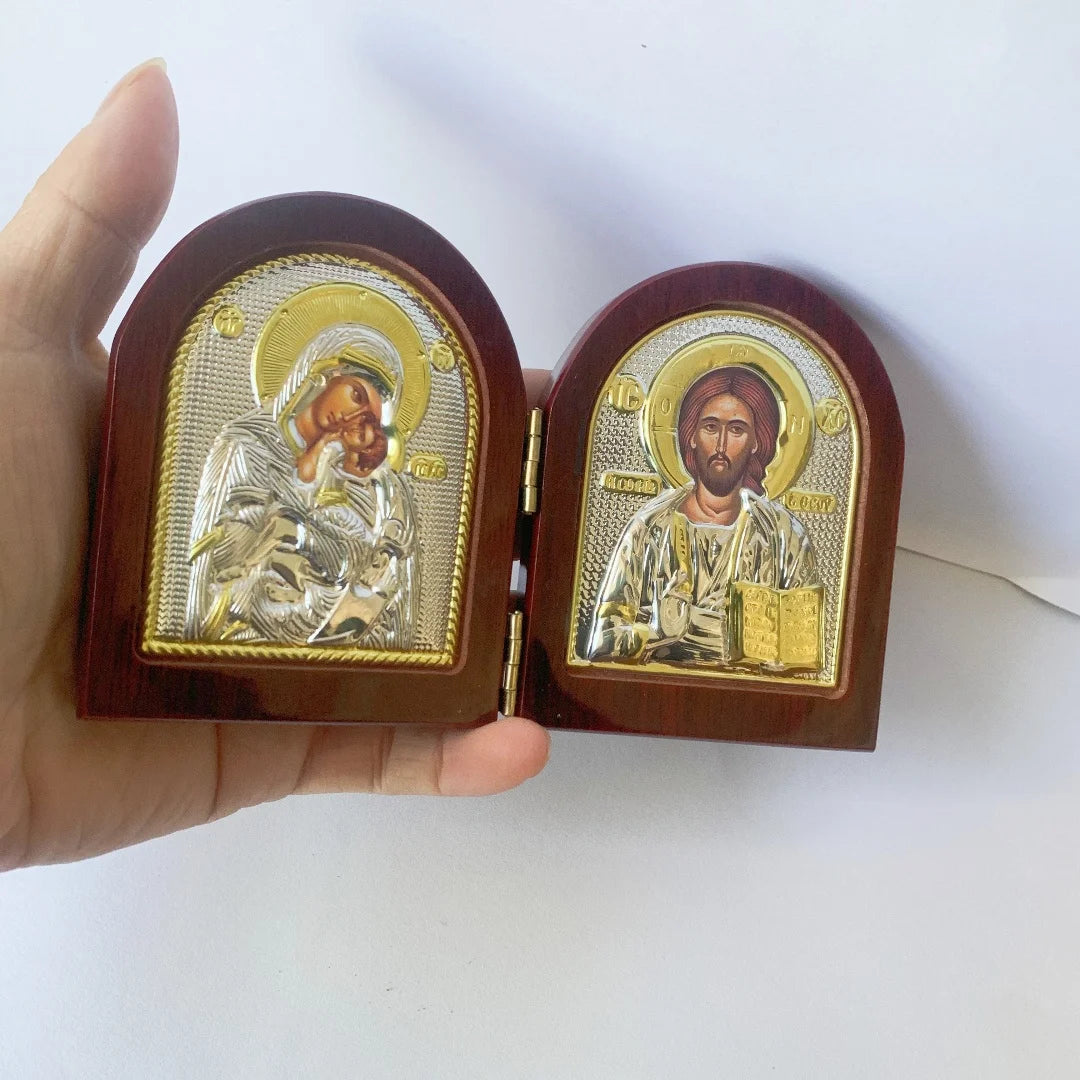 Jesus Wood Icon with Double Virgin Mary Statues - Image 5