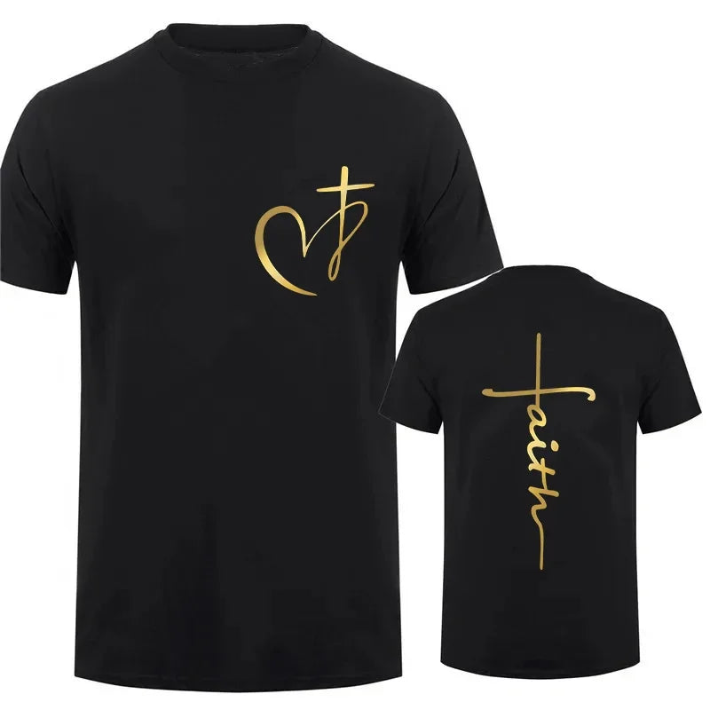 Heart Cross Print Christian T-Shirt – Men’s Oversized Faith Tee for Summer